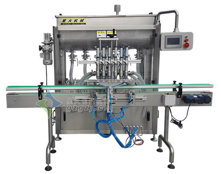 六頭紅油灌裝機(jī)，臥式攪拌大顆粒醬料灌裝機(jī)